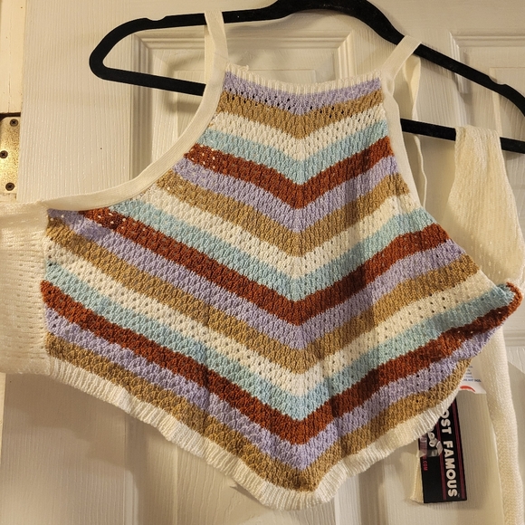 Knit bandana tie up shirt NWT size L "almost famous" blue, purple, white, tan - Picture 1 of 5